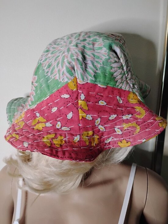Kantha Sun Hat Mint Green Tropical Print M-L Reversible Handmade Beach KS18. main image 5